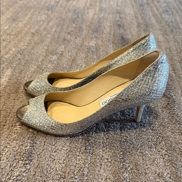 Jimmy Choo Isabel Champagne Glitter Peep Toe Heels - Picture 2 of 6